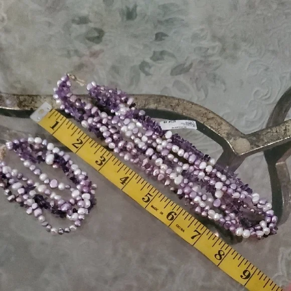 14K Purple White Freshwater Pearls + Amethyst Beaded Necklace and Bracelet Set